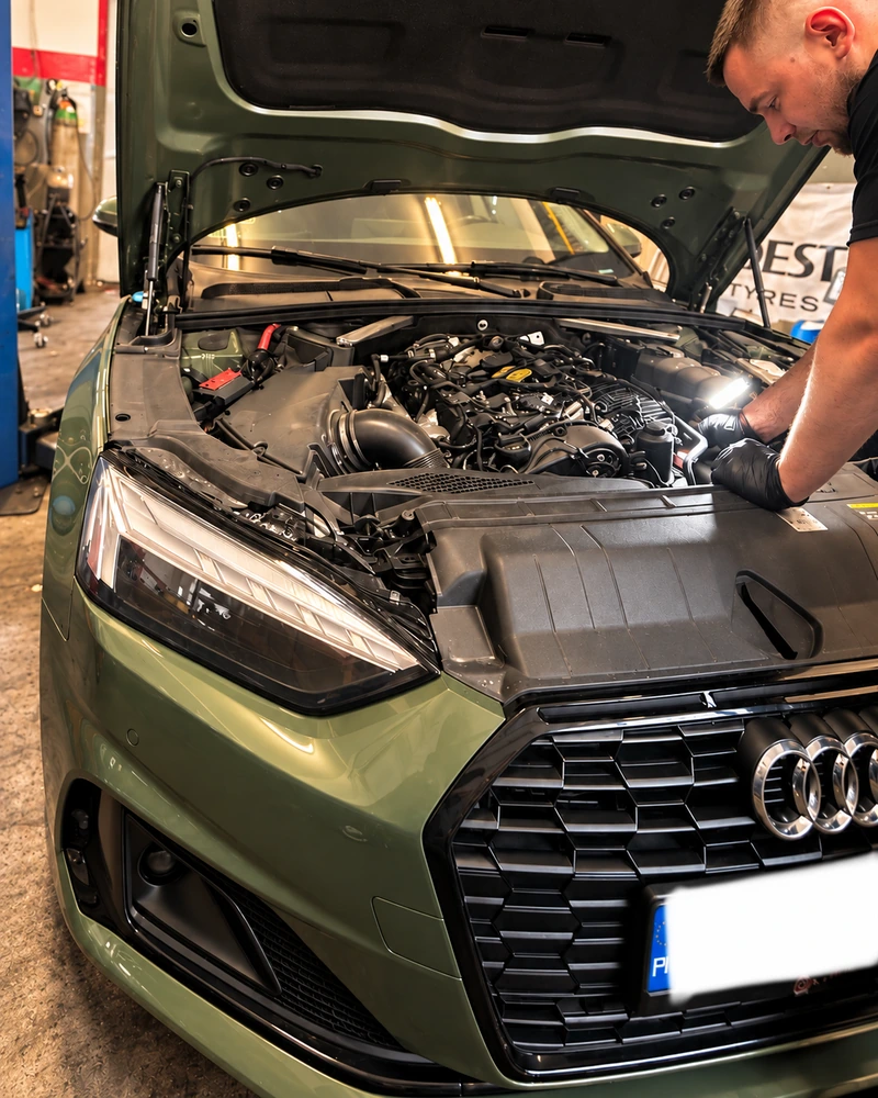 Mechanik przy otwartej komorze silnika Audi w warsztacie SmartHubAuto.