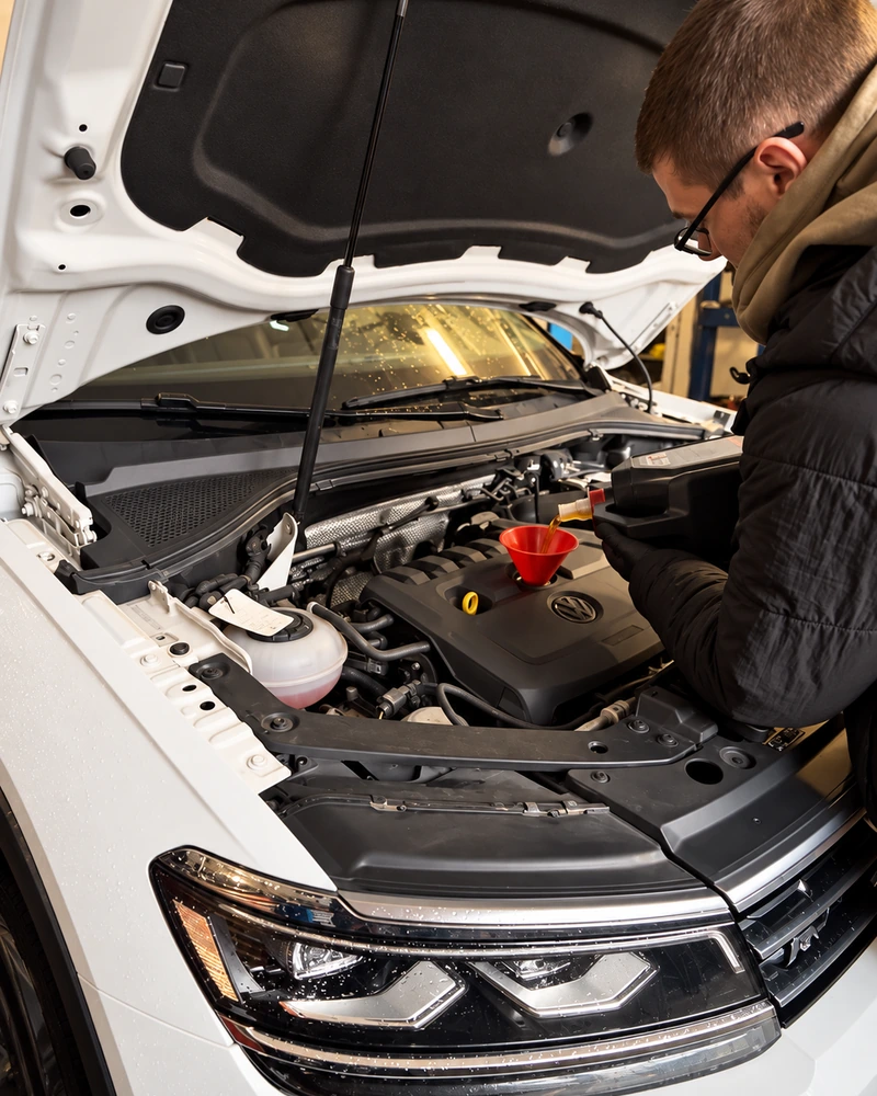 Mechanik dolewający olej do silnika Volkswagena.